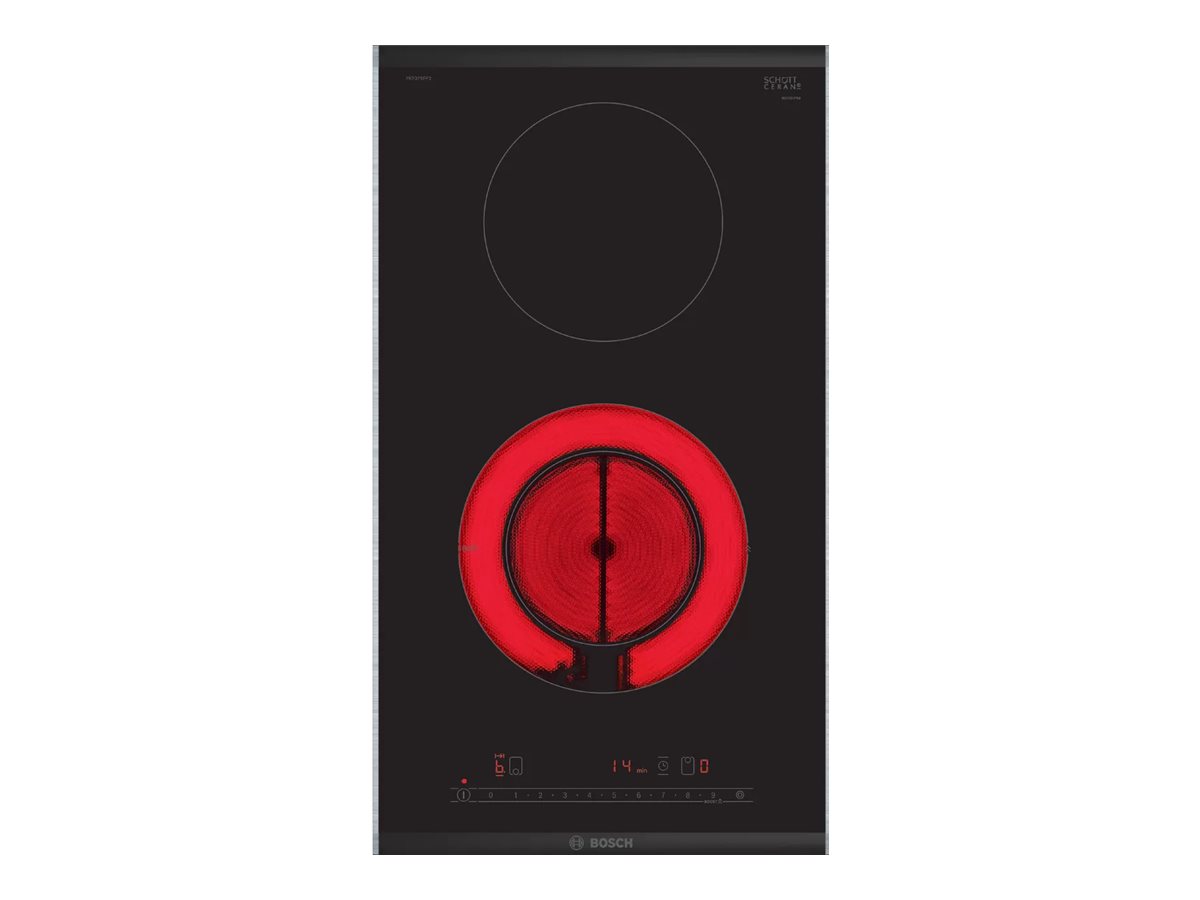 Bosch Serie | 6 PKF375FP2E - Keramisk kogeplade - 2 plader - Niche - bredde: 27 cm - dybde: 49 cm - med kantet front og ryg-pynt, - with ComfortProfil, - med sidepynt af børstet aluminium - børstet aluminium/sort