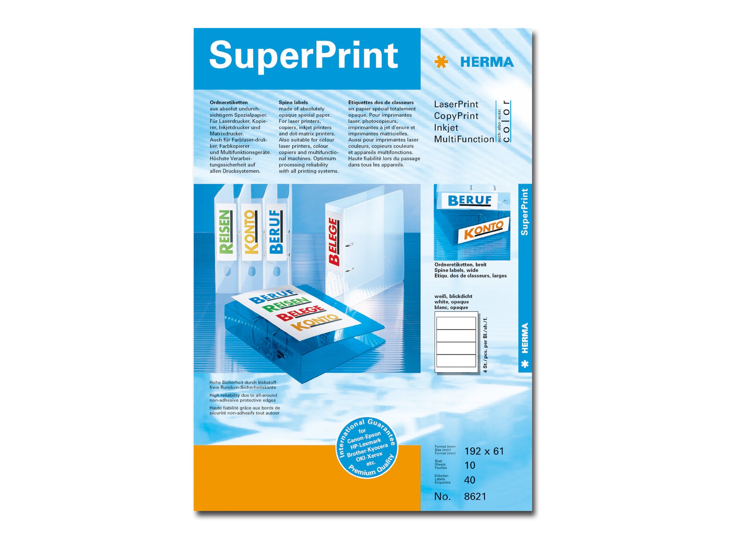 HERMA Special - Papir - mat - permanent selvklæbende - hvid - 192 x 61 mm 40 etikette(r) (10 ark x 4) uigennemsigtige mappemærkater