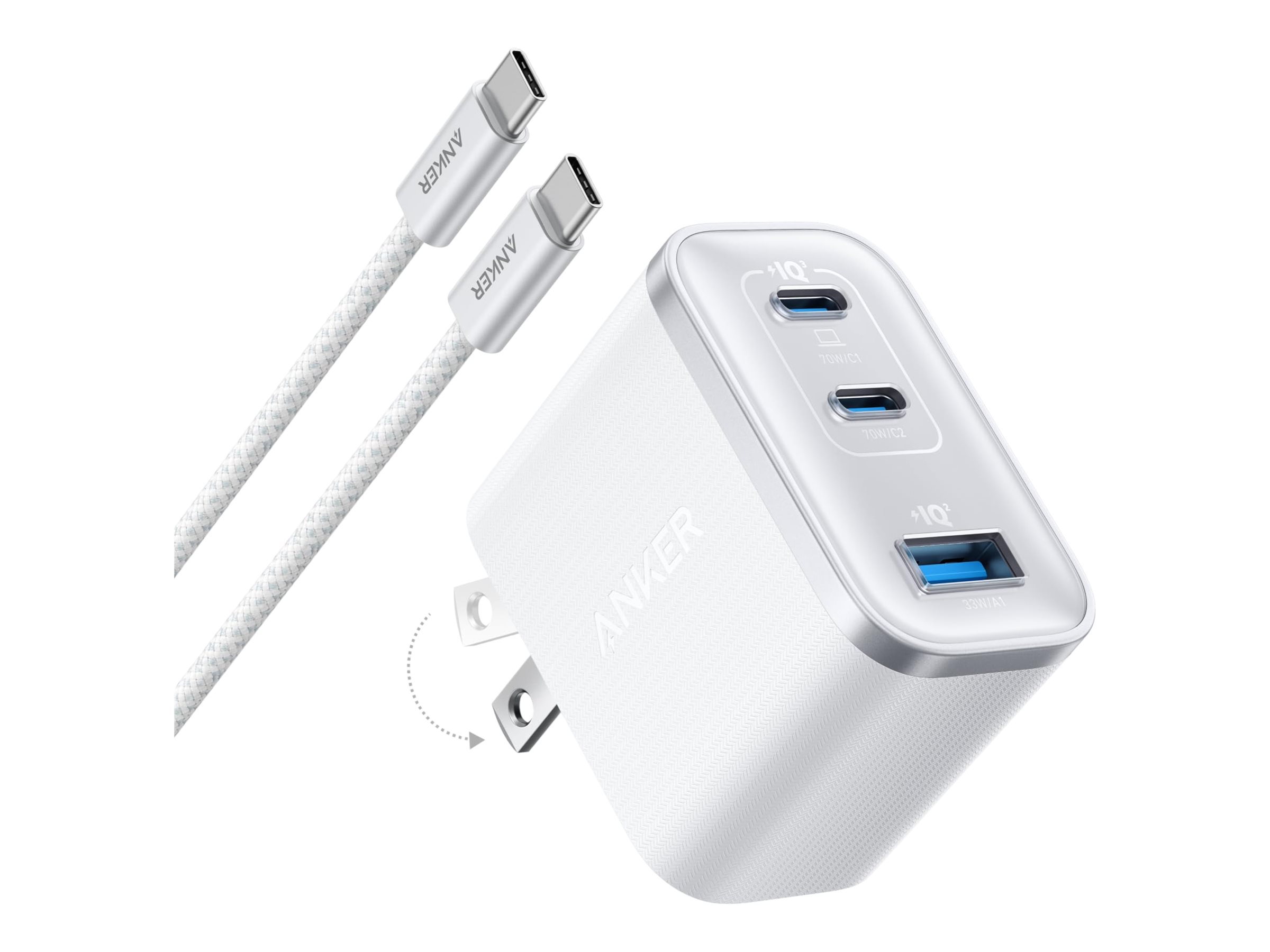 Anker Nano - Strømforsyningsadapter - 70 Wh - 3 A - 3 output-stikforbindelser (2 x USB-C, USB) - på kabel: USB-C - hvid skal