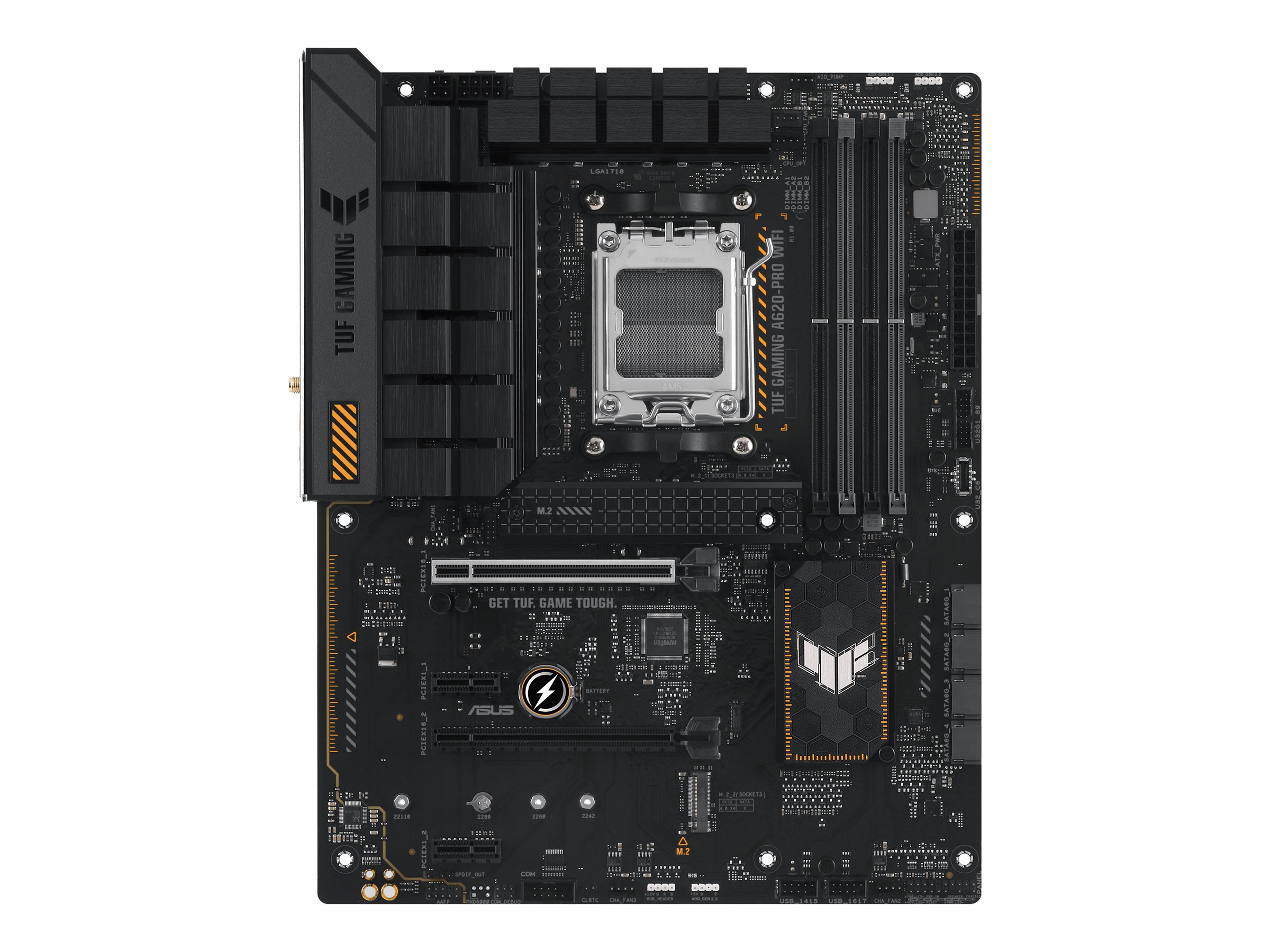 ASUS TUF GAMING A620-PRO WIFI - Bundkort - ATX - Socket AM5 - AMD A620 Chipset - USB 3.1 Gen 1, USB-C 3.2 Gen 1 - 2.5 Gigabit LAN, Wi-Fi 6, Bluetooth - onboard grafik (CPU påkrævet) - HD Audio (8-kanaler)