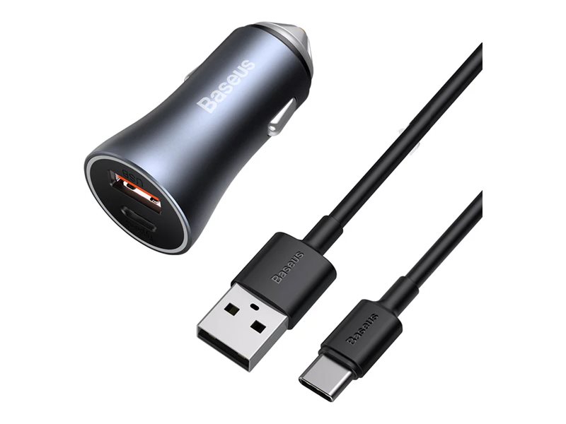 Baseus Golden Contactor Pro biloplader, USB + USB-C, QC4.0+, PD, SCP, 40W (grå) + USB til USB-C-kabel 1m (sort)