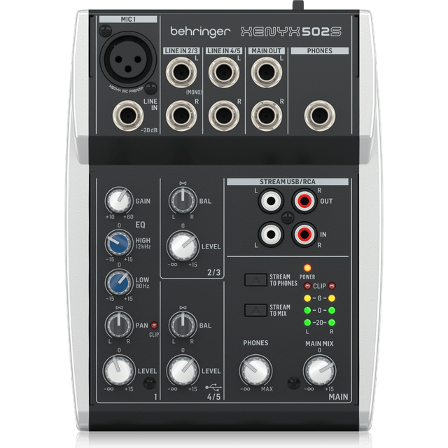 Behringer 502S - 5-kanals kompakt analog mixer med USB-grænseflade designet specielt til podcasting, streaming og hjemmeoptagelse