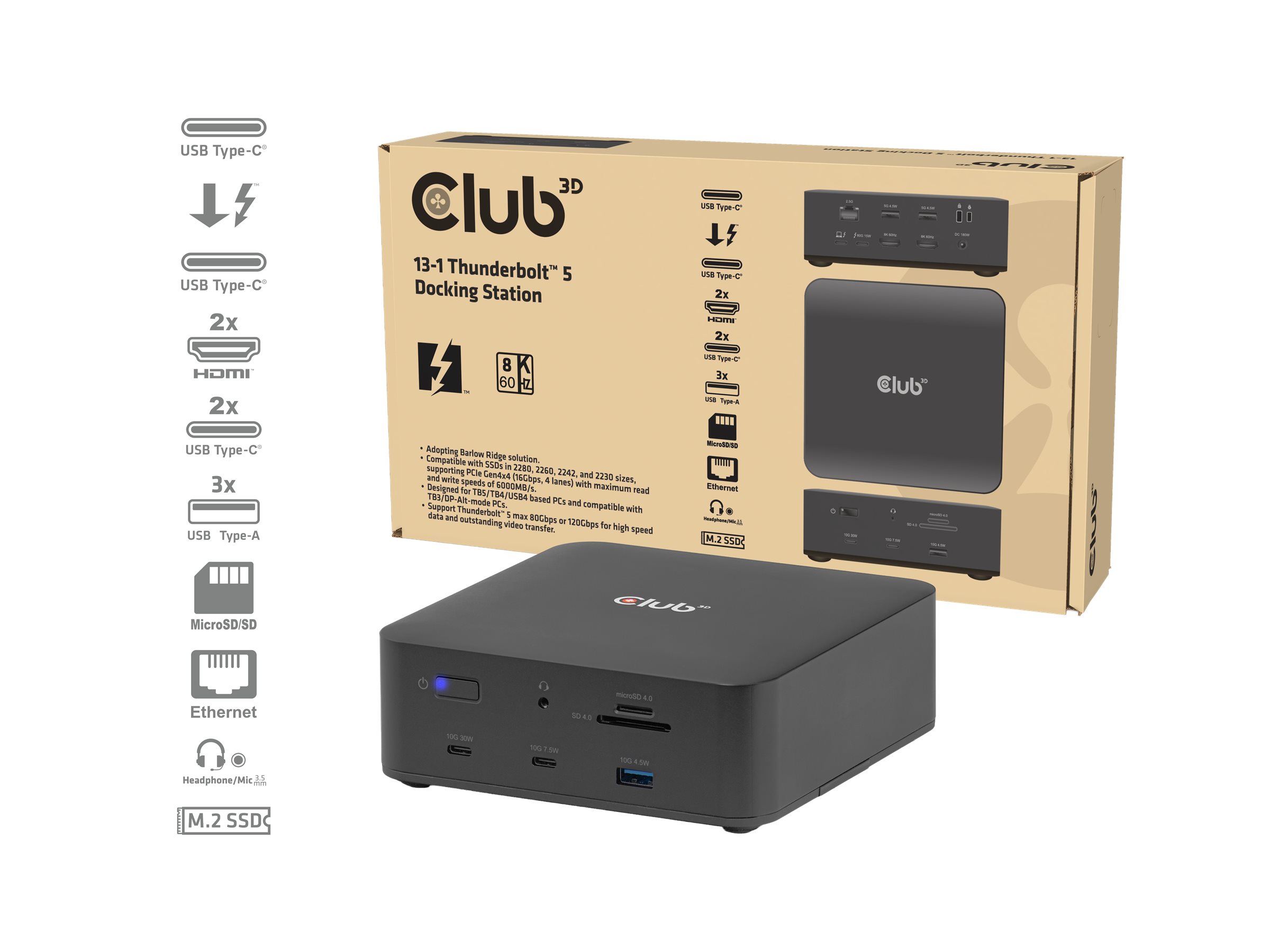 Club 3D - docking station - Thunderbolt 5 - 2 x HDMI Thunderbolt - 1GbE