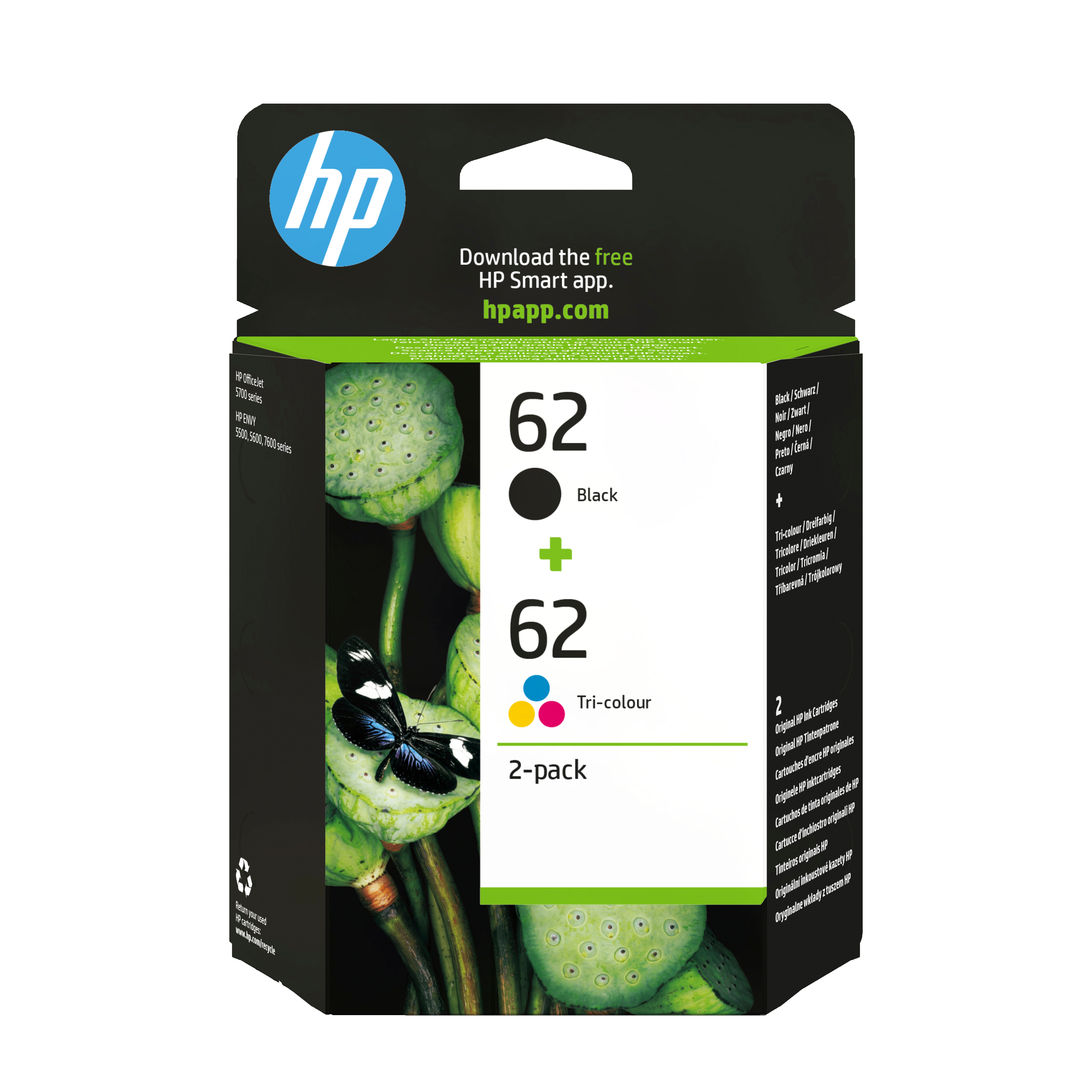 HP 62 2-Pack Tri-color/Black Original Combo Sort, Cyan, Magenta, Gul 200 sider Blæk