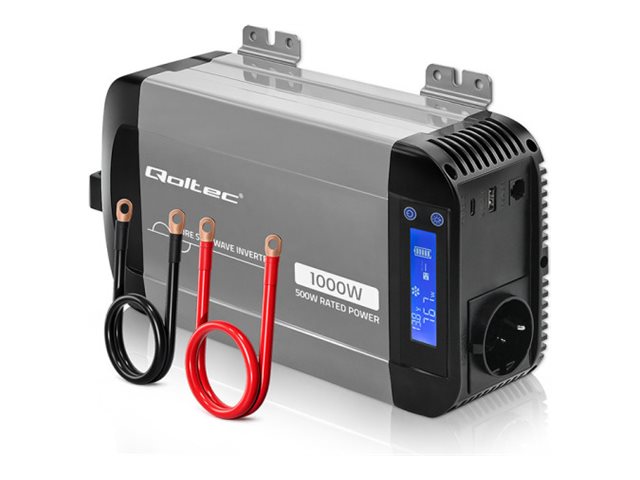 Qoltec Pure Sine Wave spændingsomformer 12V til 230V - 500/1000 W med LCD, USB og USB‑C - kompatibel med LiFePO4, GEL, AGM