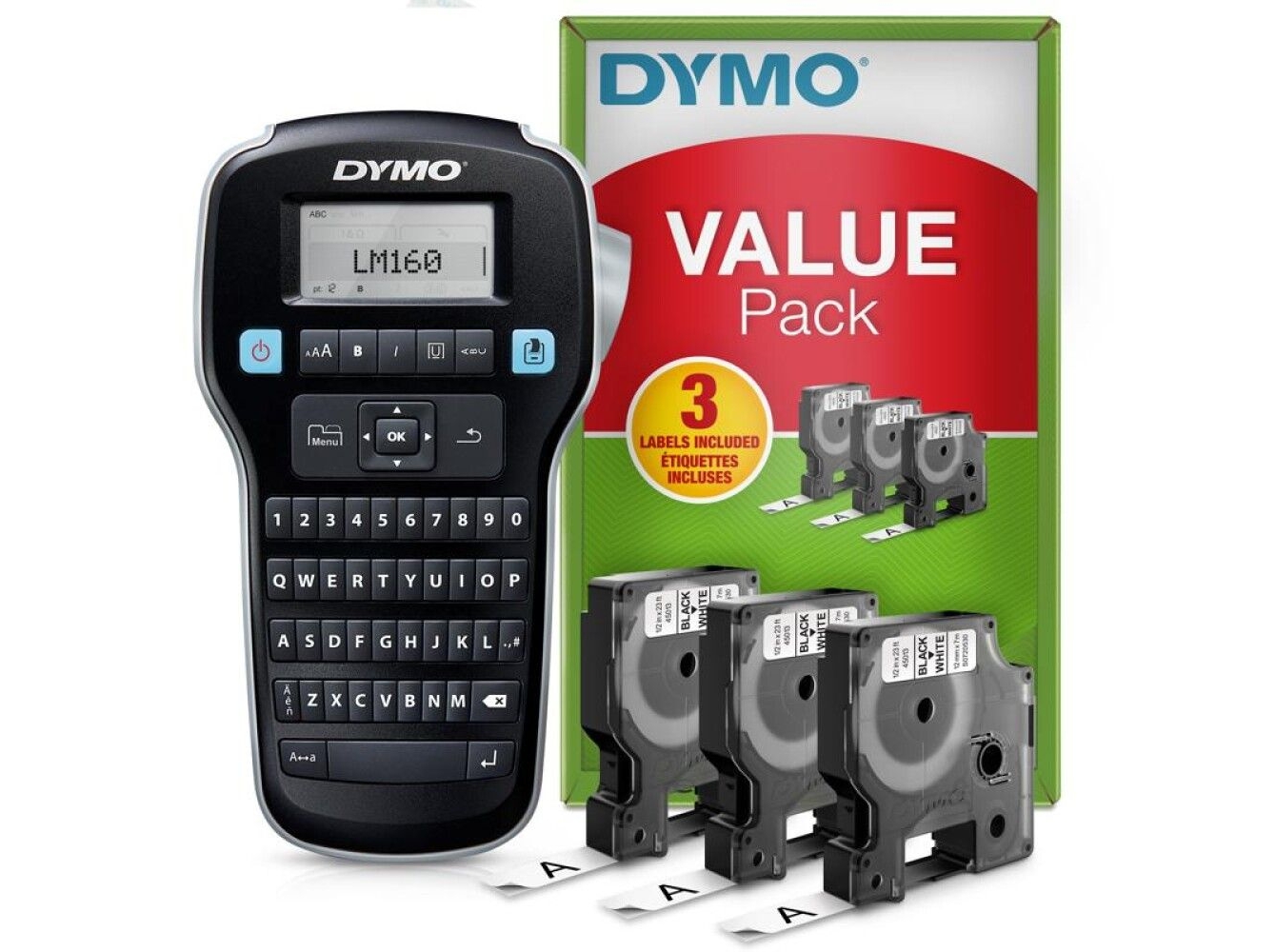 DYMO LabelManager 160 etiketmaskine startsæt | Med 3 ruller Dymo D1 etikettape