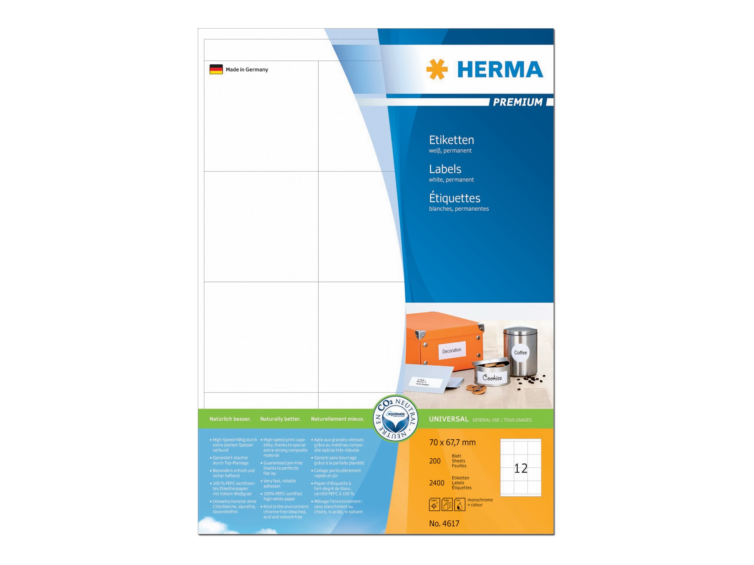 HERMA Premium - Papir - mat - permanent selvklæbende - hvid - 70 x 67.7 mm 2400 etikette(r) (200 ark x 12) laminerede etiketter