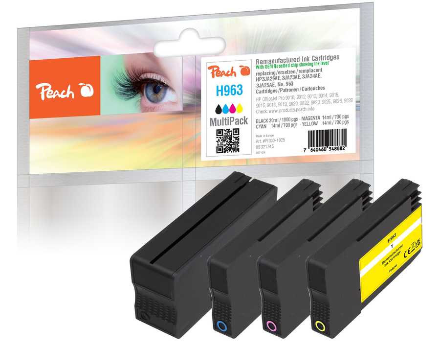 Peach H963 blækpatroner – multipack 4 stk, kompatibel til HP (sort, cyan, magenta, gul)