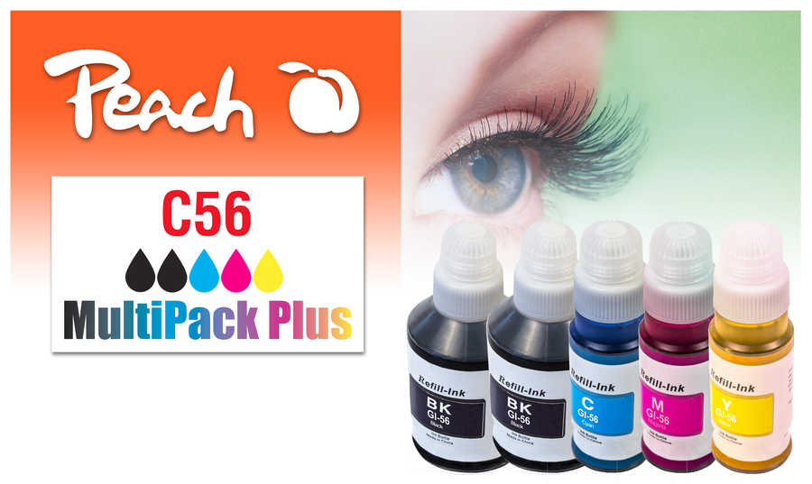 Peach C56 blækflasker – MultiPack Plus, 5 stk, kompatibel til Canon (2× sort, cyan, magenta, gul)