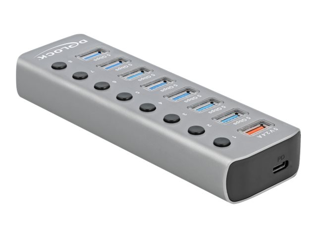 Delock USB 3.2 Gen 1 Hub med 7 porte + 1 port til hurtig opladning + 1 USB-C™ PD 3.0-port med switch og lys
