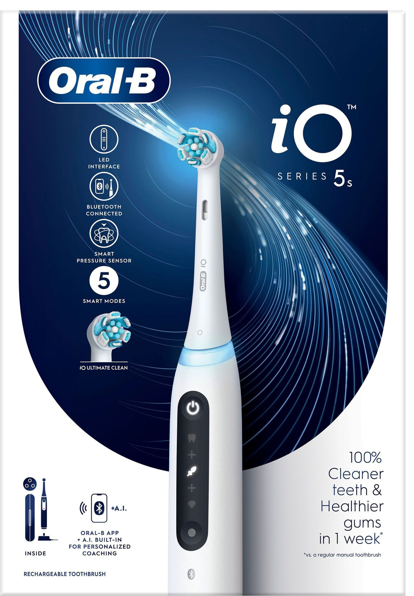 Oral-B iO Series 5, Voksen, Roterende, pulserende tandbørste, Daglig pleje, Intens, Sensitiv, Super sensitive, Blegning, Hvid, 2 min, Hvid