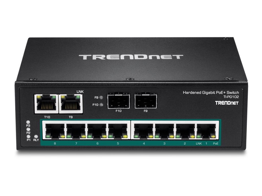 TRENDnet TI-PG102 - Switch - ikke administreret - 8 x 10/100/1000 (PoE+) + 2 x combo Gigabit SFP - DIN monterbar på skinne, væg-monterbar - PoE+ (240