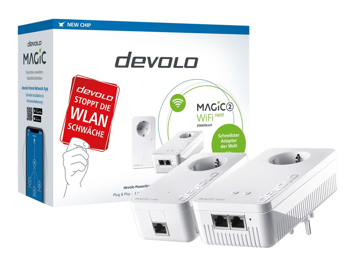 Devolo Magic 2 WiFi next Starter Kit, 2400 Mbit/s, IEEE 802.2x, IEEE 802.3ab, IEEE 802.3az, IEEE 802.3u, Gigabit Ethernet, 10,100,1000 Mbit/s, Wi-Fi 5 (802.11ac), 802.11a, 802.11b, 802.11g, Wi-Fi 4 (802.11n), Wi-Fi 5 (802.11ac)
