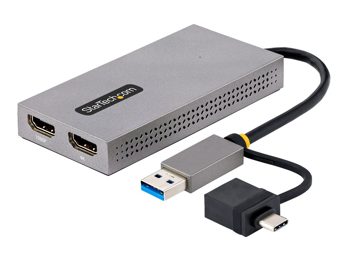 StarTech.com USB to Dual HDMI Adapter, USB A/C to 2x HDMI Monitors (1x 4K 30Hz, 1x 1080p), Integrated USB-A to C Dongle, 4in/11cm Cable, Windows & billede