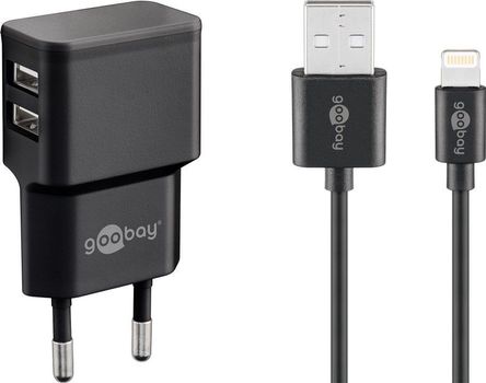 Goobay Apple Lightning Dual laddningssats (12 W) Strömförsörjningsenhet med 2x USB-uttag och Apple Lightning-kabel 1 m (svart)