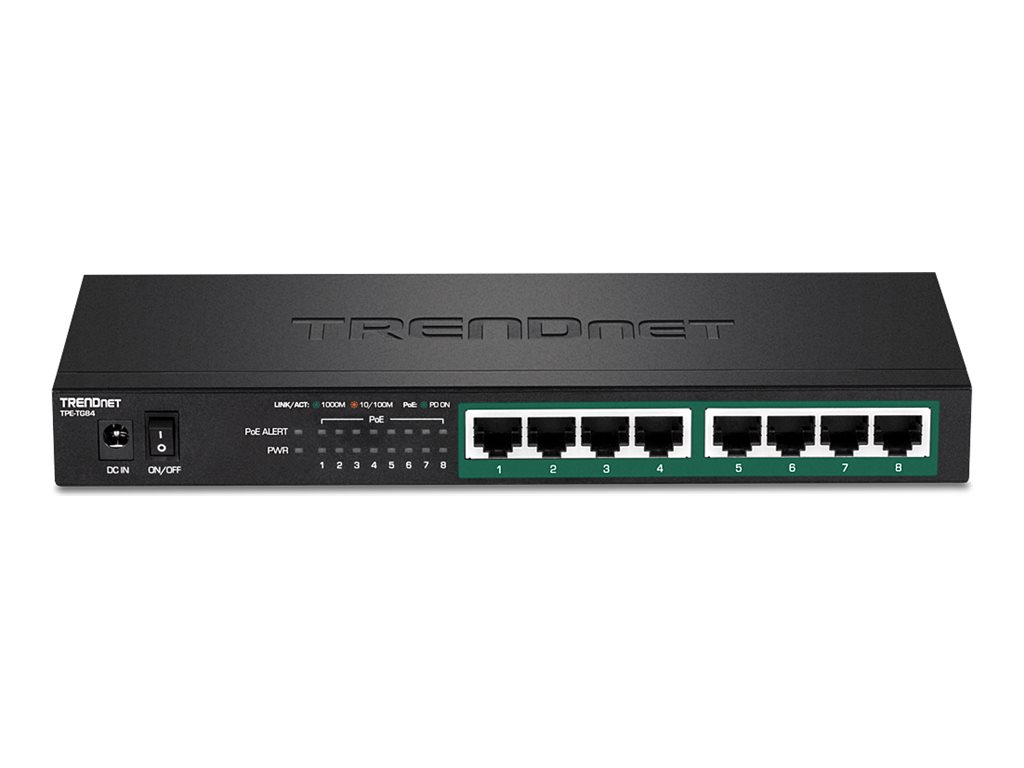 TRENDnet TPE TG84 - Switch - 8 x 10/100/1000 (PoE+) - desktop, væg-monterbar - PoE+ (120 W) - TAA-kompatibel