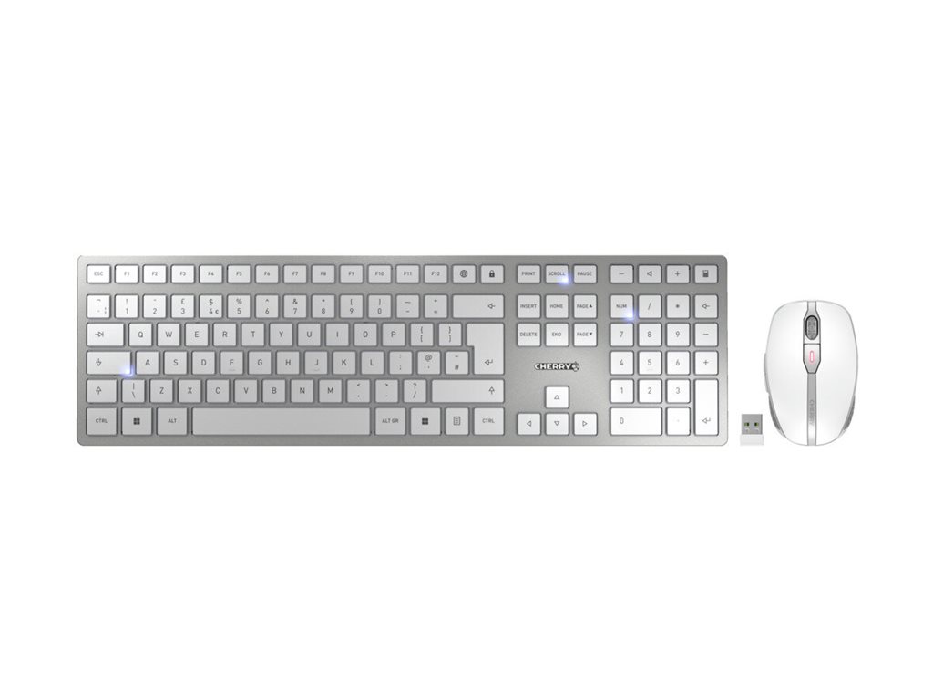 CHERRY DW 9100 SLIM - Sæt med mus og tastatur - trådløs - 2.4 GHz, Bluetooth 4.2 - QWERTY - UK - hvid, sølv