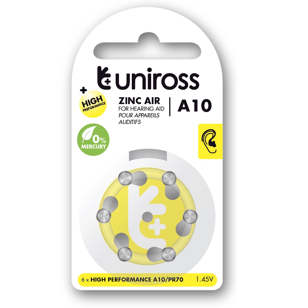 Uniross A10 Knapcellebatterier til høreapparat 86mAh, 6 stk.