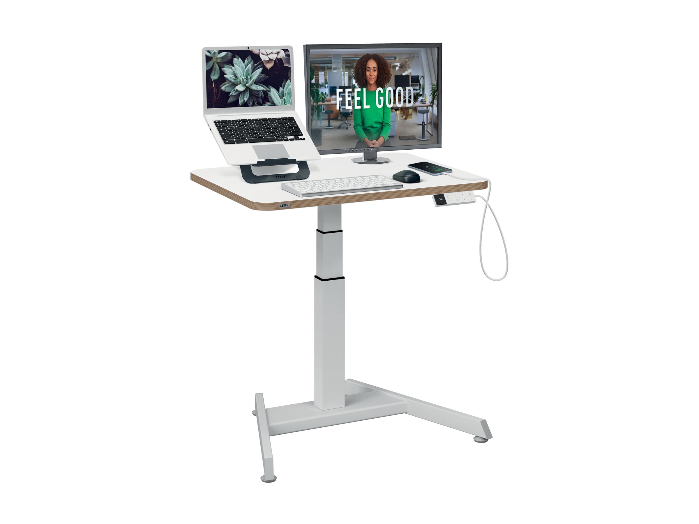 Leitz Ergo lille elektrisk hæve-sænke skrivebord - 80x60 cm - hvid - med påmindelse om at stå-op-funktion