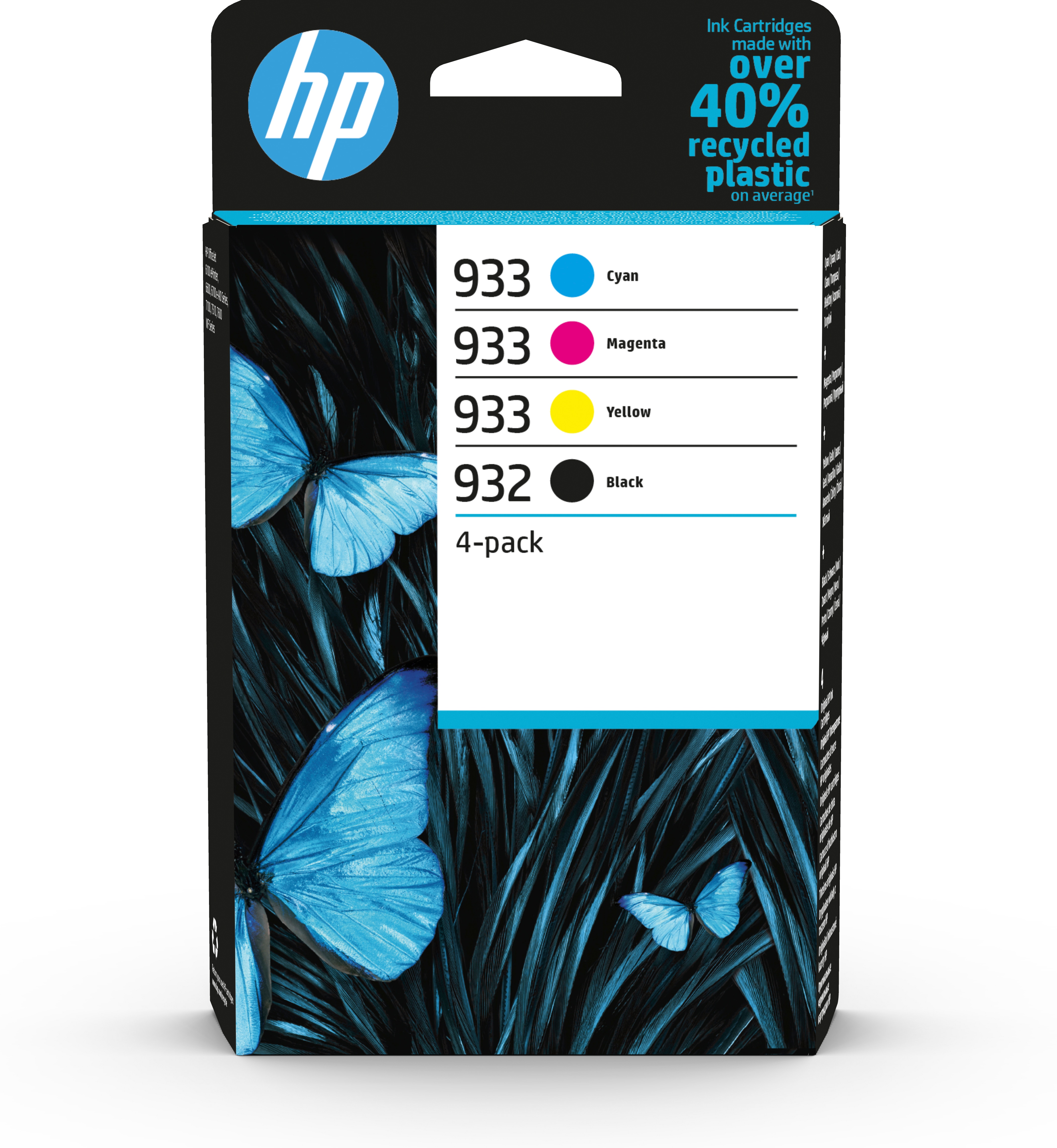 HP 933 4-Pack CMY(3)/932 Black Original Combo Sort, Cyan, Magenta, Gul 400 sider Blæk