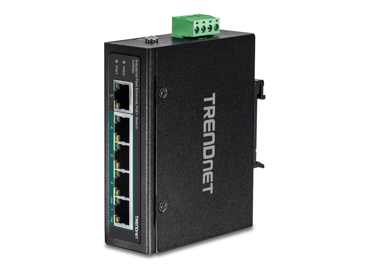 TRENDnet TI-PE50 5-Port Industrial Fast Ethernet PoE+ DIN-Rail Switch