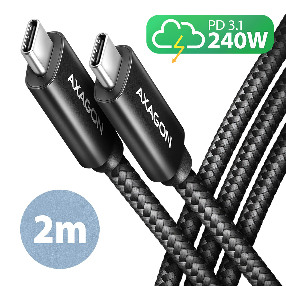 AXAGON BUCM2-CM20AB - USB-kabel - 24 pin USB-C (han) til 24 pin USB-C (han) - USB 2.0 - 48 V - 5 A - 2 m - tovejs, forlænget strømrækkevidde (EPR), USB Power Delivery (240 W), SPR - sort