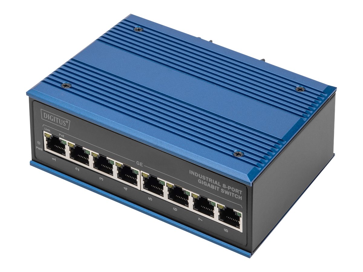 DIGITUS industriel 8-port Gigabit switch - 30 W PoE, unmanaged, blå