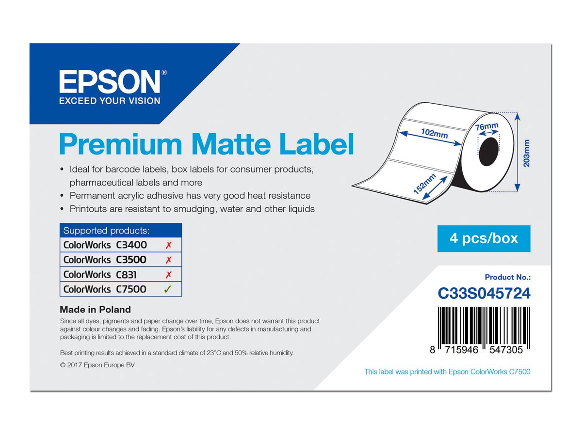 Epson Premium - Mat - permanent akryllisk klæbemiddel - 102 x 152 mm 3200 etikette(r) (4 rulle(r) x 800) pressestempel skæreetikette - for ColorWorks C7500, C7500G, CW-C6000Ae, CW-C6000Pe, TM-C7500