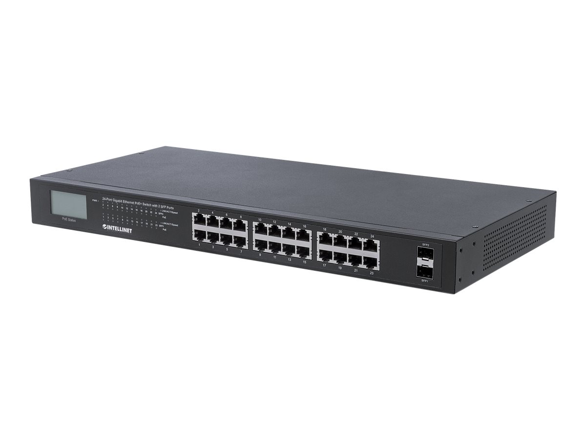 Intellinet 24-Port 2 SFP Ports, LCD Display, IEEE 802.3at/af Power over ( / ) Compliant, 370 W, Endspan, 19" Rackmount (Euro 2-pin plug) Switch billede