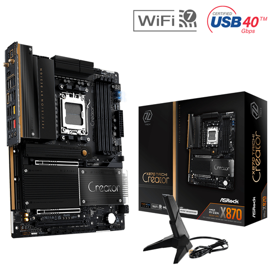 ASRock X870 TAICHI CREATOR - Bundkort - ATX - Socket AM5 - AMD X870 Chipset - USB4, USB 3.2 Gen 1, USB 3.2 Gen 2, USB-C 3.2 Gen 2x2 - 10 Gigabit LAN, 5 Gigabit Ethernet, Wi-Fi 7, Bluetooth - onboard grafik (CPU påkrævet) - HD Audio (8-kanaler)