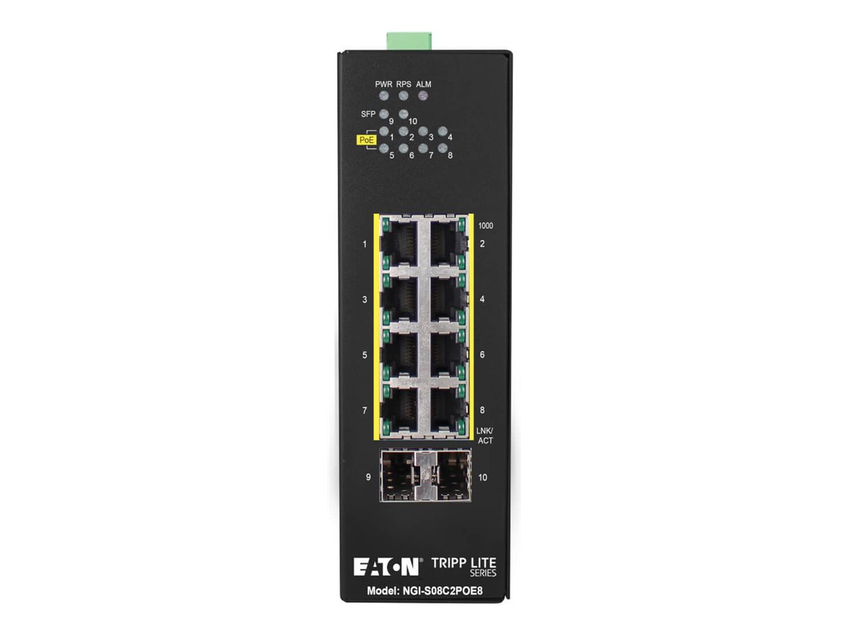 Eaton Tripp Lite series 8-Port Lite Managed Industrial Gigabit Ethernet Switch - 10/100/1000 Mbps, PoE+ 30W, 2 GbE SFP Slots, -10° to 60°C, DIN M