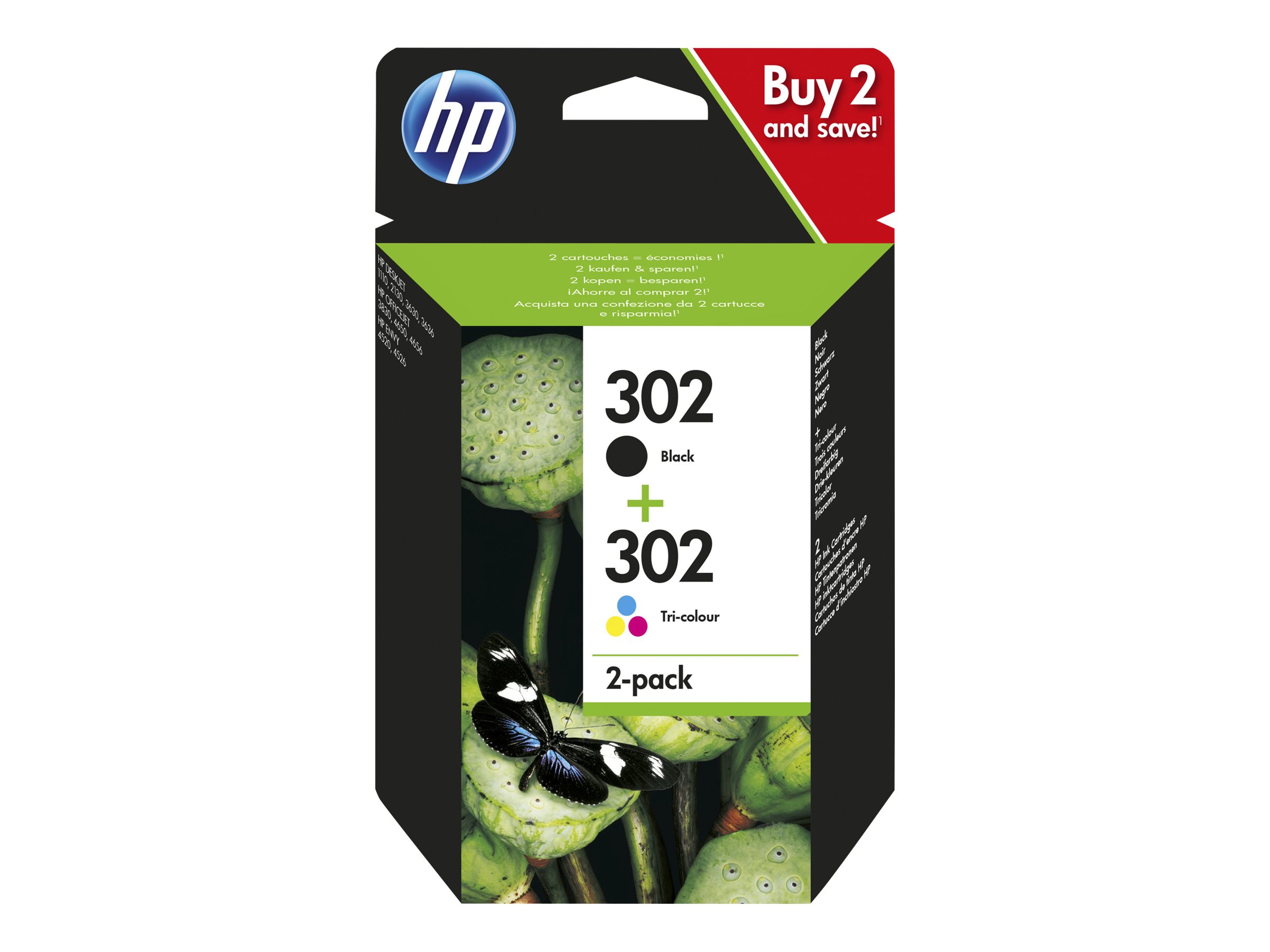 HP 302 2-pack Black/Tri-colour Original s Sort, Cyan, Magenta, Gul 170 sider Blæk