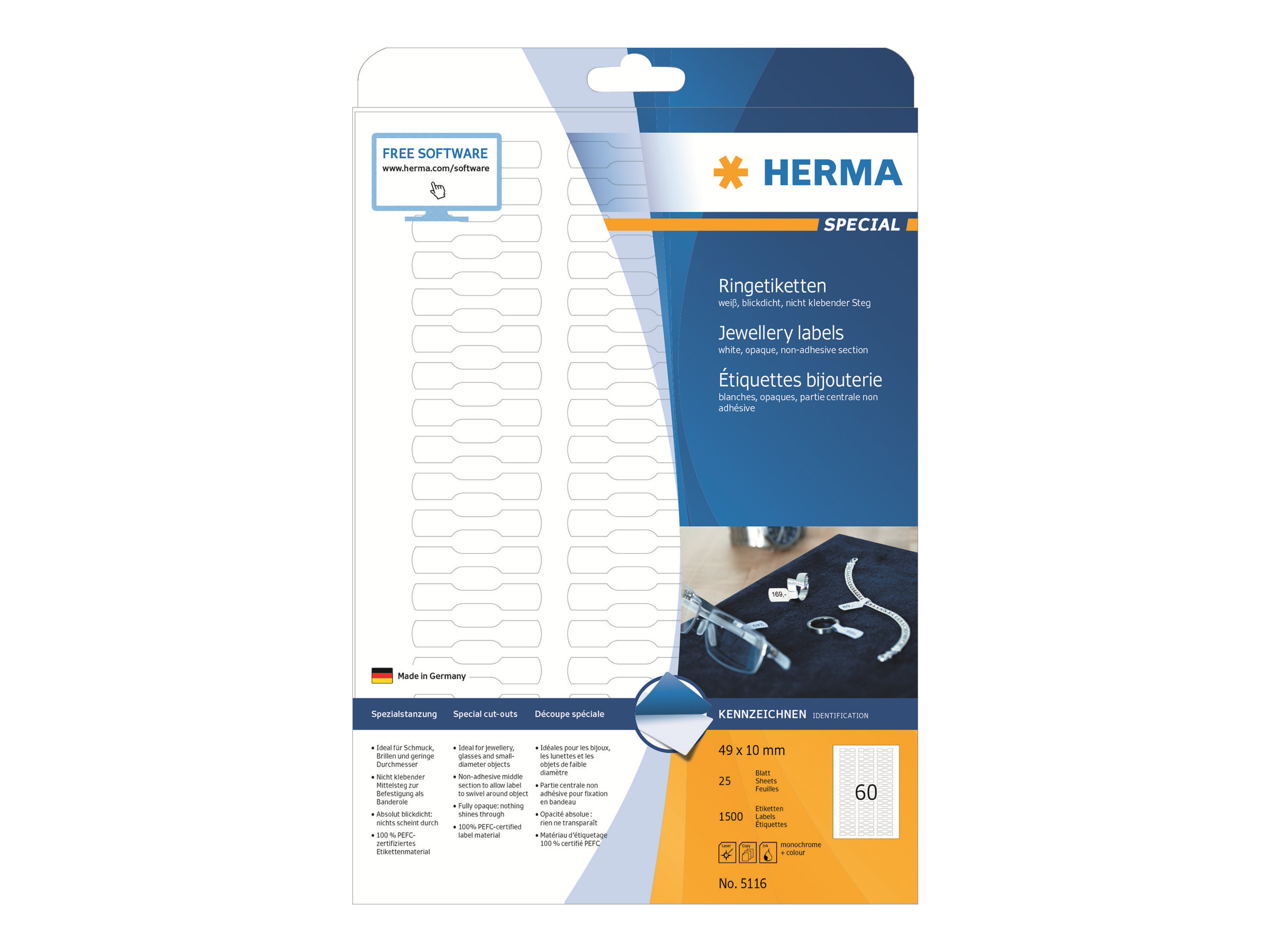 HERMA Special - Hvid - 49 x 10 mm 1500 etikette(r) (25 ark x 60) permanent selvklæbende matte uigennemsigtige juvelpapirmærkater