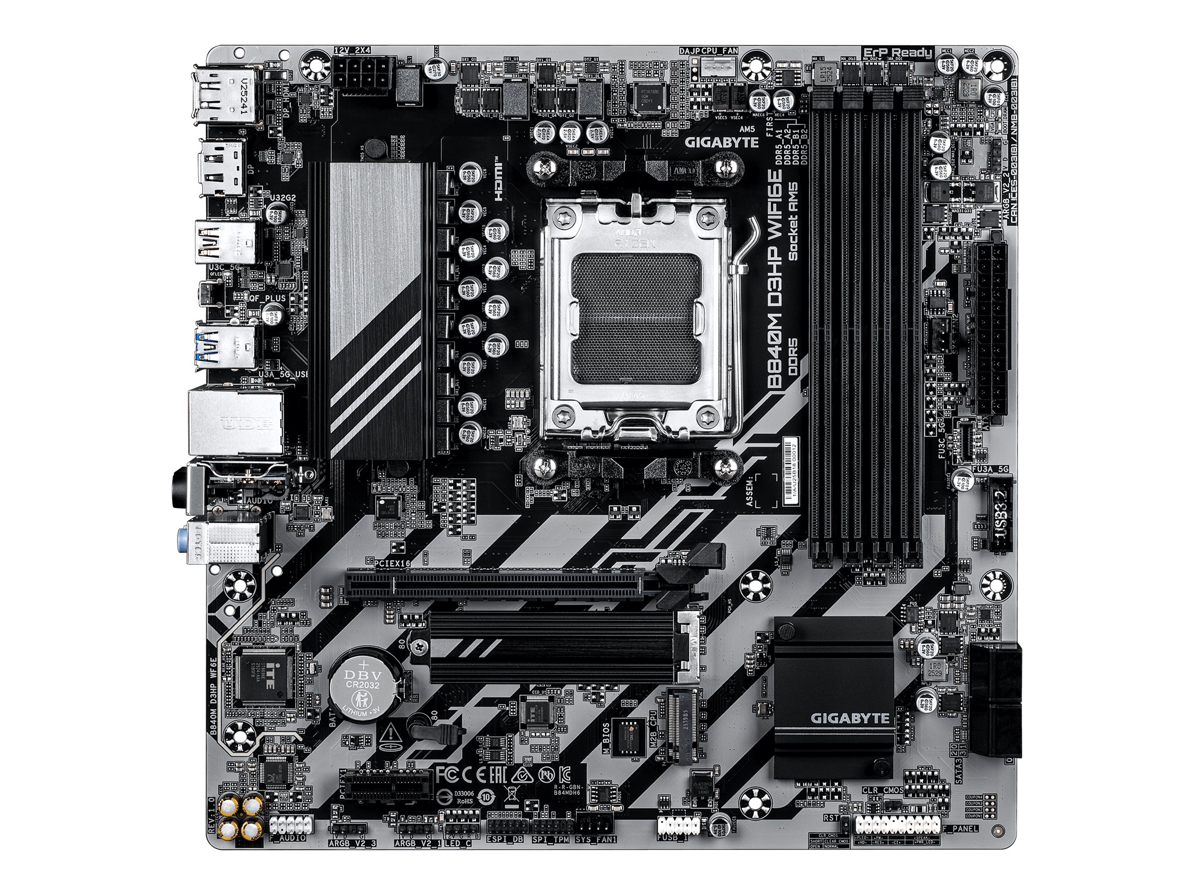 Gigabyte B840M D3HP Wi‑Fi 6E bundkort – AM5, DDR5 op til 8.200 MHz, 2x M.2 PCIe 4.0