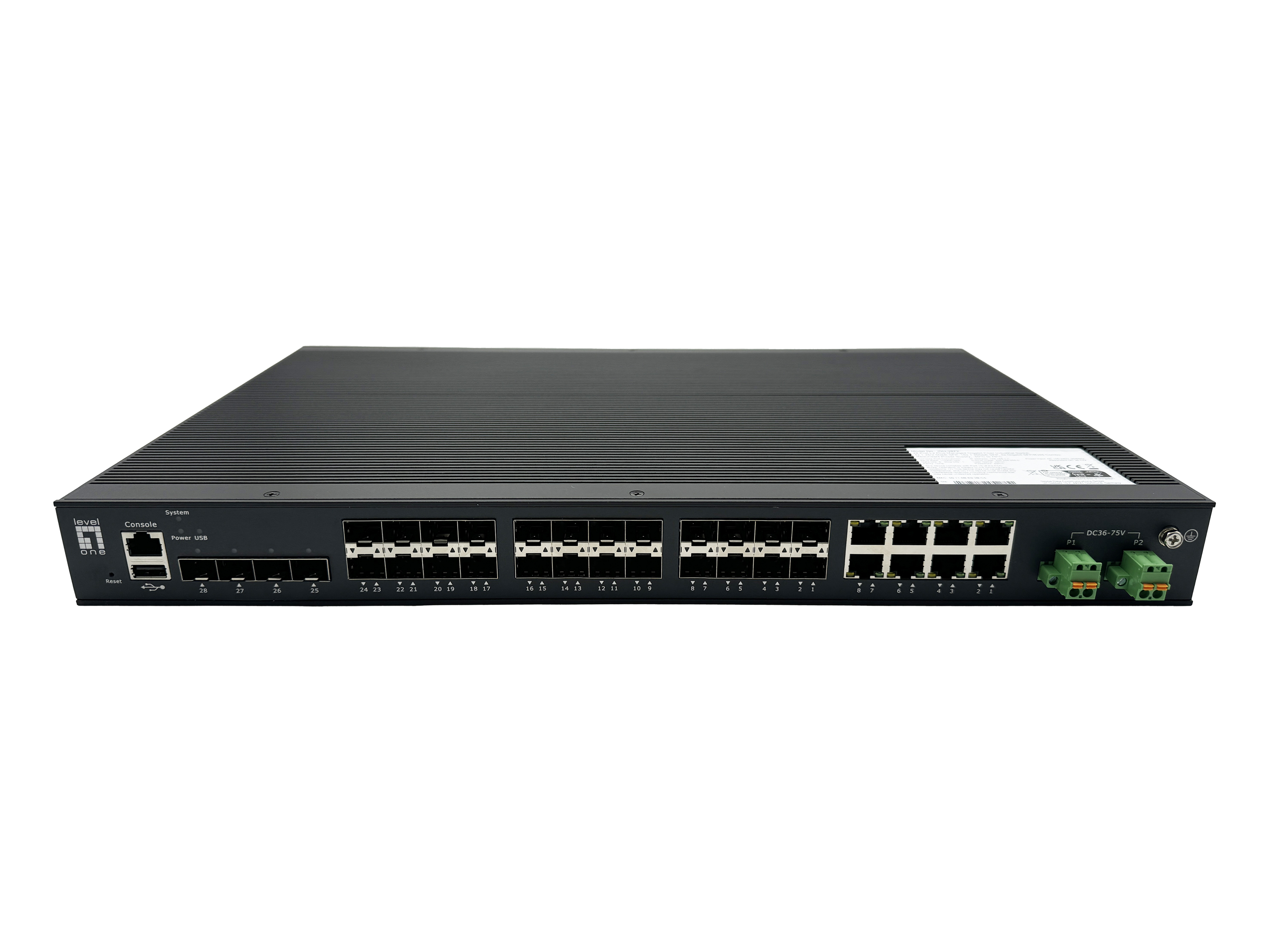 LevelOne 28-port L2+ administrerbar Gigabit fiber industrial switch - 4× 1,25/2,5 GbE SFP, 16× 1,25 GbE SFP, 8× Gigabit SFP/RJ45 combo, redundant strøm, -40°C til 80°C
