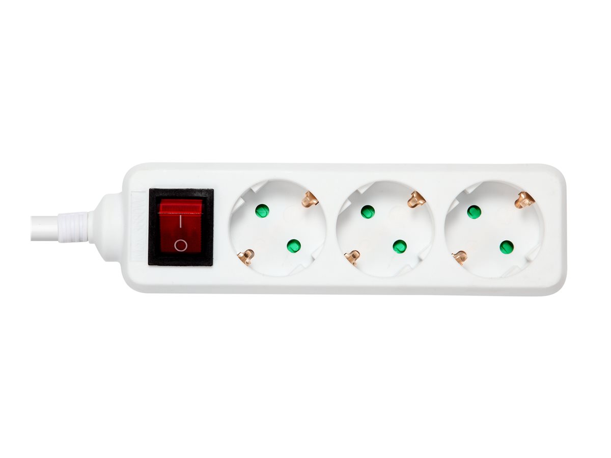 DELTACO - Stikdåse - barnebeskyttet, jordet, med strømkontakt - AC 250 V - 3680 Watt - input: power CEE 7/7 - output-stikforbindelser: 3 (power CEE 7/3) - 3 m ledning - hvid