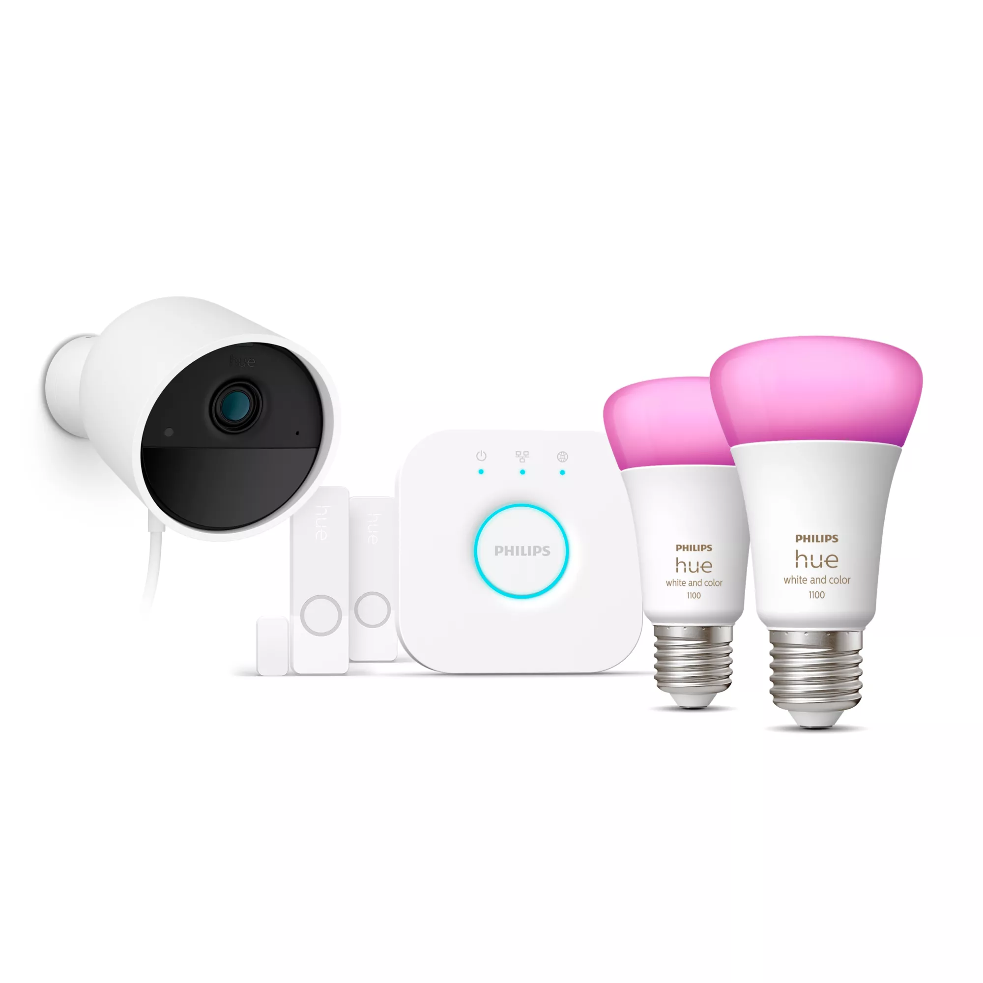 Philips Hue Secure Startsæt: 2 x E27 pærer (1100lm) + 1 x Secure kamera + 2 x Secure kontaktsensorer