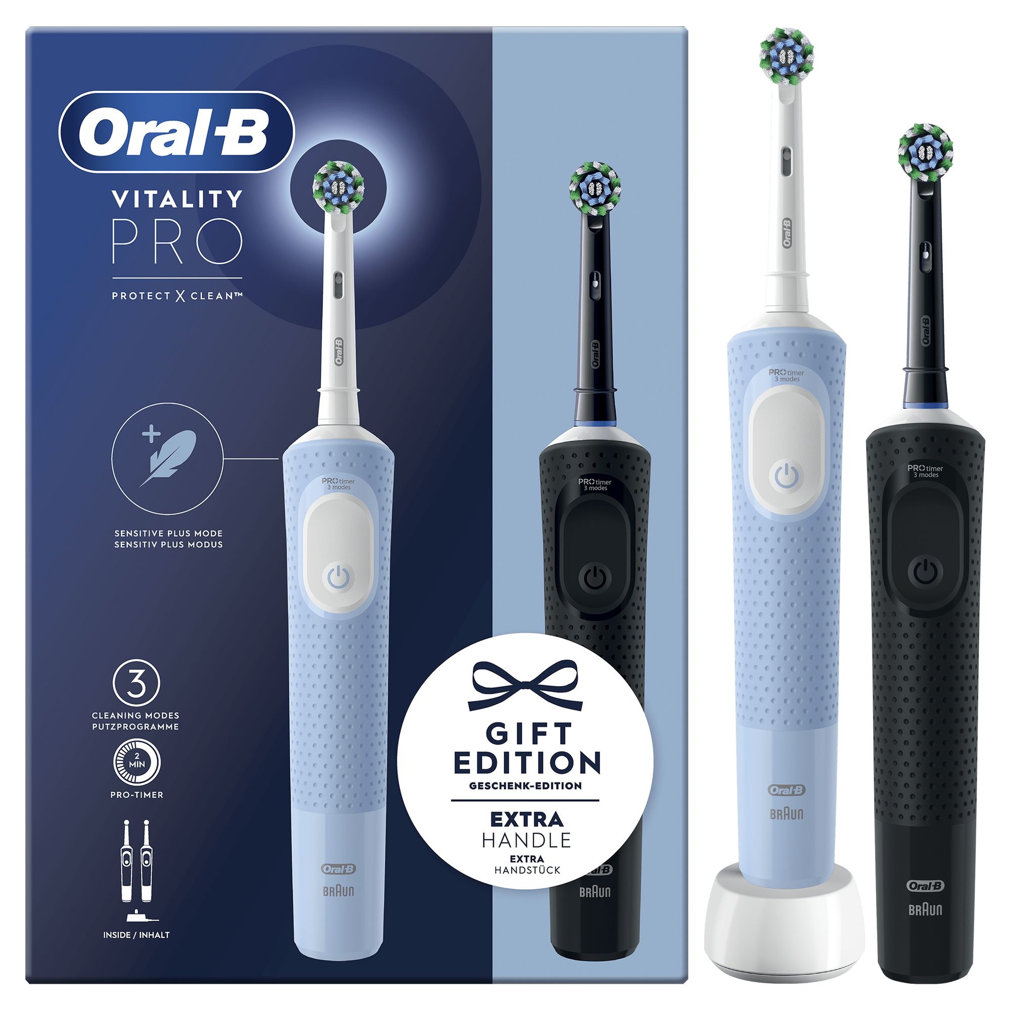 Oral-B Vitality Pro Duo, Voksen, Roterende, pulserende tandbørste, Daglig pleje, Sensitiv, Super sensitive, Sort, Blå, Hvid, 7800 Omdrejninger pr. minut, 4 x 30 sek.