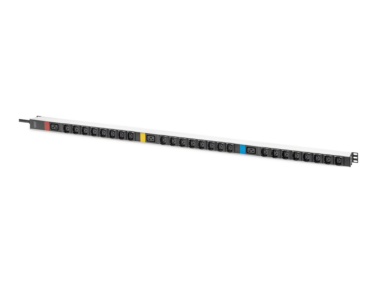 DIGITUS - Strømfordelingsenhed - 16A - AC 230 - 400 V - 4000 Watt - 11000 VA - tre faser - input: IEC 60309 - output-stikforbindelser: 27 (3 x IEC 60320 C19, 24 x IEC 60320 C13) - 0U - 19 - 3 m ledning - sort