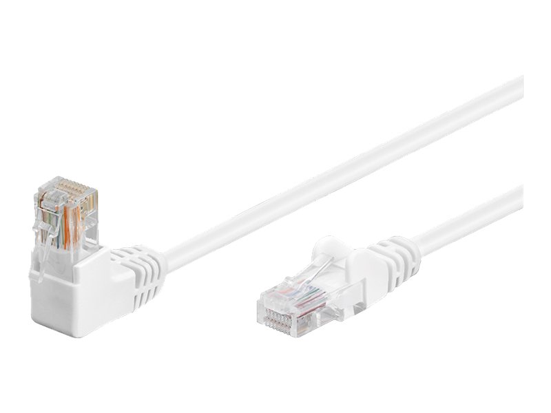 Goobay Netværkskabel CAT 5e vinklet 1x 90°, U/UTP, hvid, 2 m kobberbeklædt aluminiumleder (CCA), 1x RJ45-stik 90 ° (8P8C)