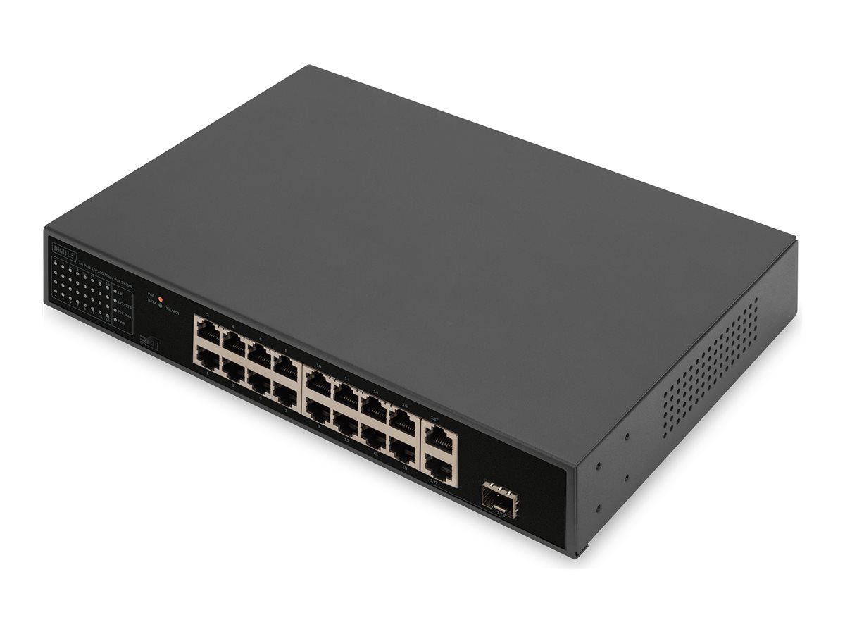 DIGITUS DN-95355 16-Port 10/100 Mbps PoE Switch 16 x10/100Mbps PoE RJ45 Ports.1x GE RJ45 1x SFP