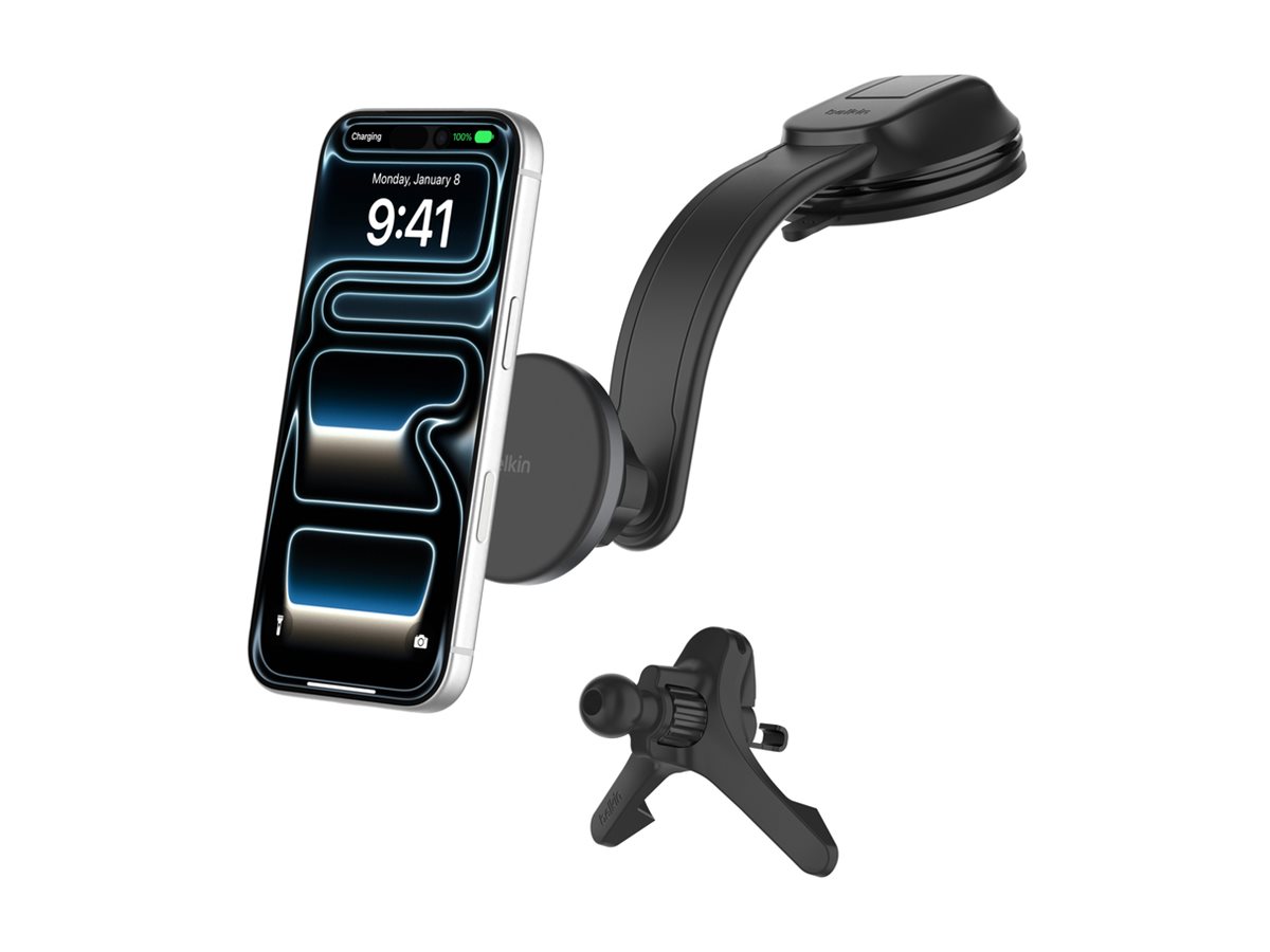 Belkin BoostCharge car wireless charging holder - magnetic with air vent and dash mount + car power adapter - 15 Watt