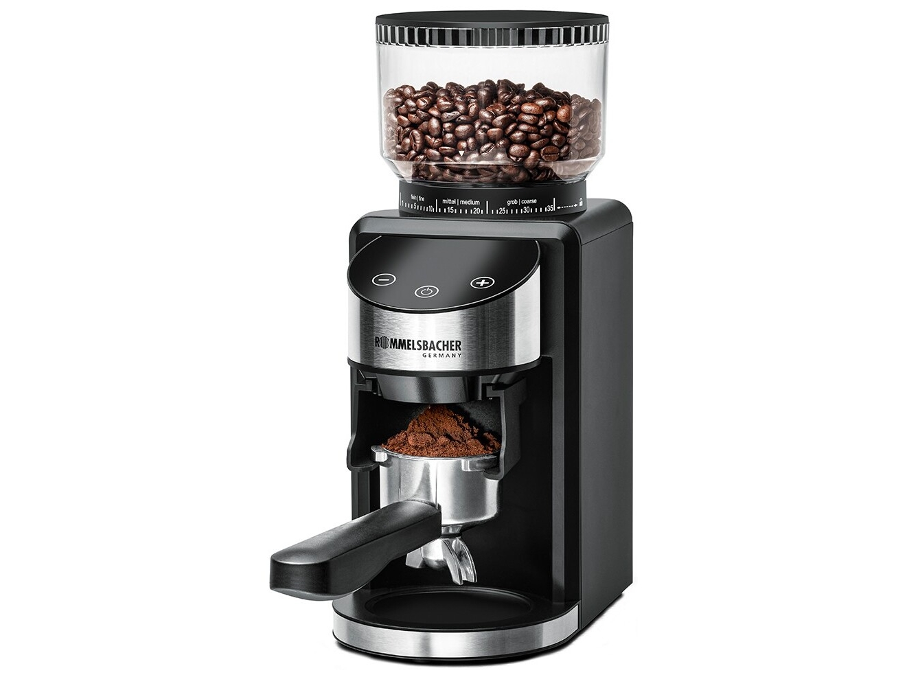 Rommelsbacher EKM 400, Burr kværn, 220 g, Konisk møtrik, Rustfrit stål, Sort, Rustfrit stål, Plast, Rustfrit stål