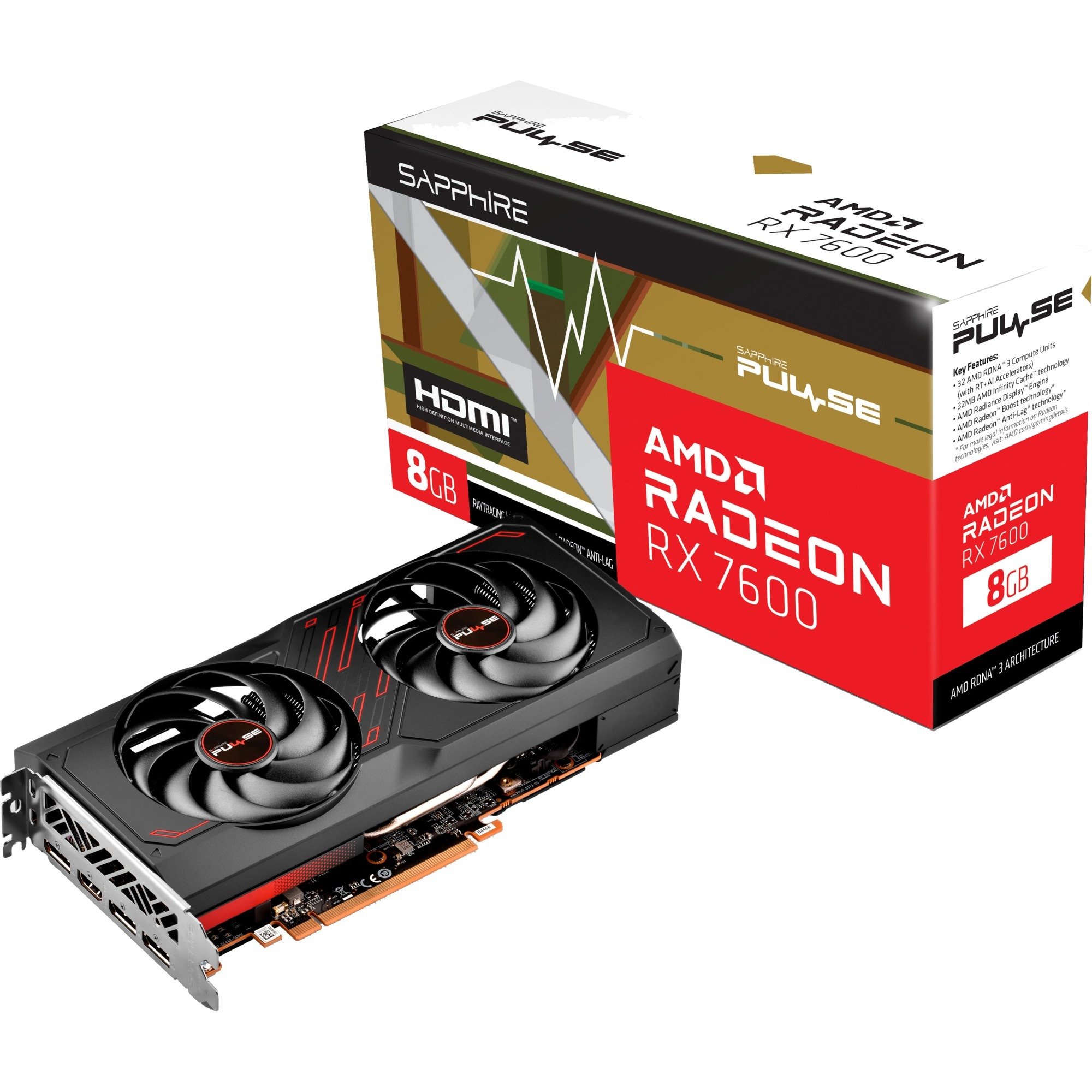 Sapphire Pulse Radeon RX 7600 - Grafikkort - Radeon RX 7600 - 8 GB GDDR6 - PCIe 4.0 x8 - HDMI, 3 x DisplayPort