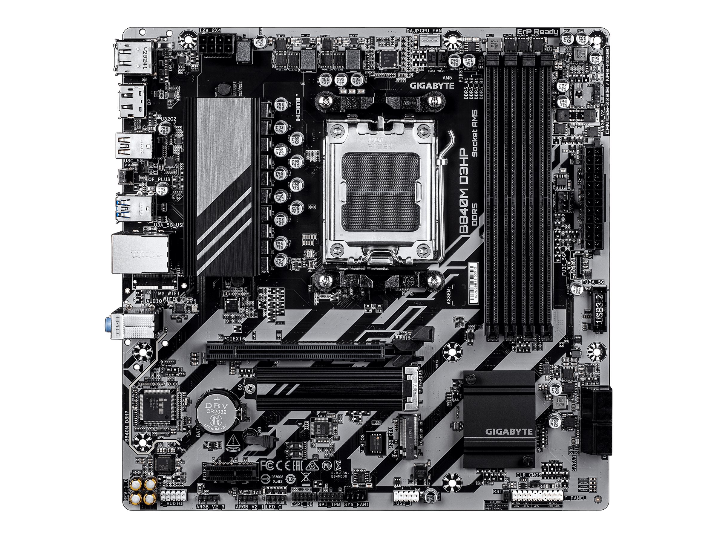 Gigabyte B840M D3HP bundkort – AM5, DDR5 op til 8.200 MHz, 2x PCIe 4.0 M.2, 1 GbE, USB 3.2 Gen 2