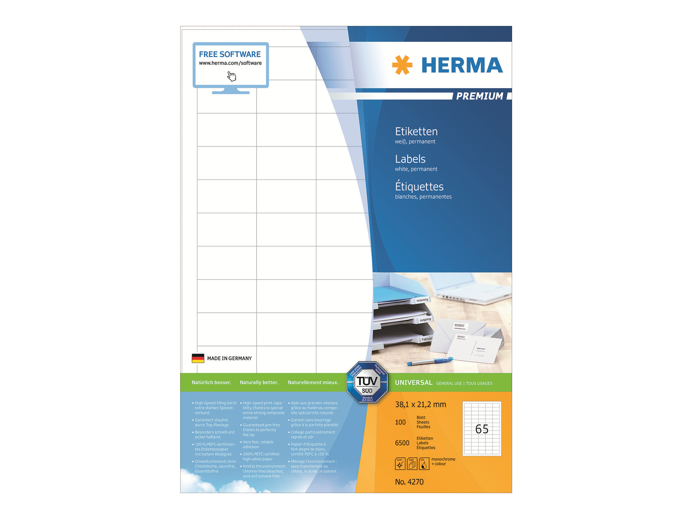 HERMA Premium - Papir - mat - permanent selvklæbende - hvid - 38.1 x 21.2 mm 6500 etikette(r) (100 ark x 65) laminerede etiketter