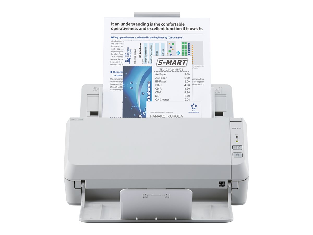 Ricoh SP-1125N - Dokumentscanner - Dual CIS - Duplex - 216 x 355.6 mm - 600 dpi x 600 dpi - op til 25 ppm (mono) / op til 25 ppm (farve) - ADF (50 ark) - op til 4000 scanninger pr. dag - Gigabit LAN, USB 3.2 Gen 1x1