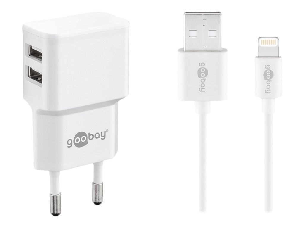 Goobay Apple Lightning Dual laddningssats (12 W) Strömförsörjningsenhet med 2x USB-uttag och Apple Lightning-kabel 1 m (vit)