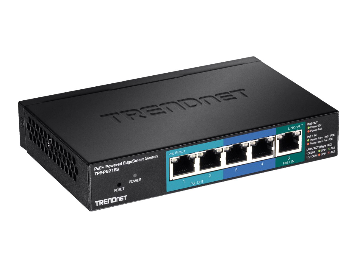TRENDnet TPE P521ES - Switch - smart - 1 x 10/100/1000 (PoE+ input) + 2 x 10/100/1000 (PoE) + 2 x 10/100/1000 - desktop - PoE+ (18 W) - TAA-kompatibel