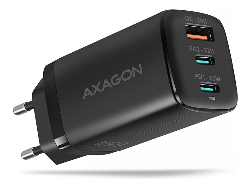 AXAGON ACU-DPQ65 - Strømforsyningsadapter - 65 Watt - 5 A - PD 2.0, PD 3.0, QC 2.0, QC 3.0, QC 4.0+, Huawei Fast Charge, SCP, PD/PPS, AFC, SFC, PE+, PE 2.0+ - 3 output-stikforbindelser (USB Type A, 2 x USB-C) - sort